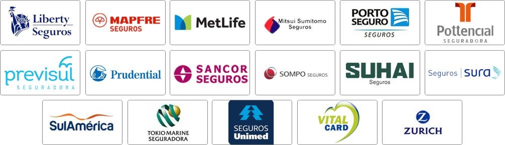 Liberty, Mapfre, Metlife, Mitsui, Porto Seguro, Pottencial, Previsul, Prudential, Sancor, Sura, Sompo, Suhai, SulAmerica, Tokio Marine, Seguros Unimed, Vital Card, Zurich